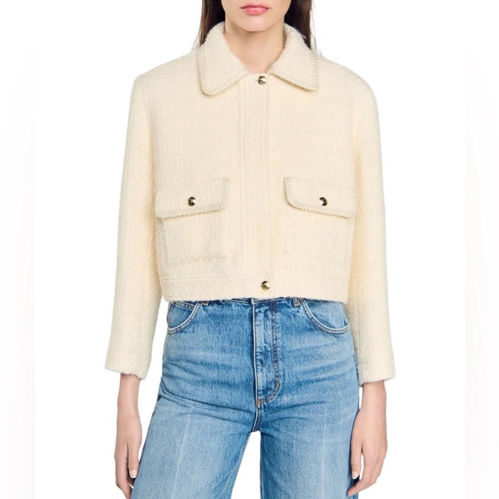 Sandro Isabela Tweed Jacket - size 38 - 6 Medium - Cream Blazer